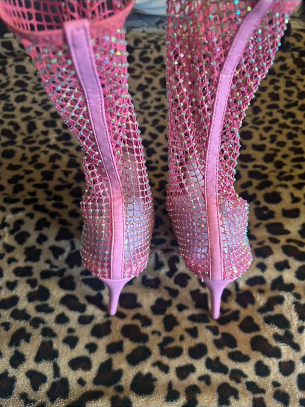 Gorgeous Pink Rhinestone Mesh Peep-Toe Stiletto Booties - Picture 6 of 9